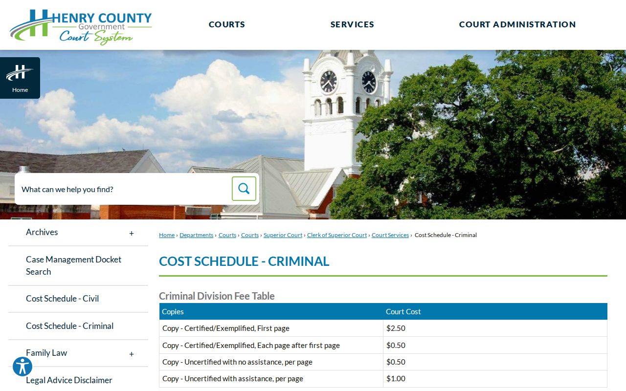 Henry County criminal court cost schedule